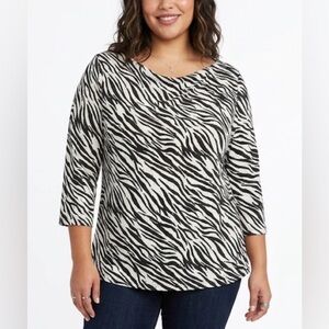 Brittany Black Woman Stretch Zebra Print Bedazzled 3/4 Sleeve Top 2X